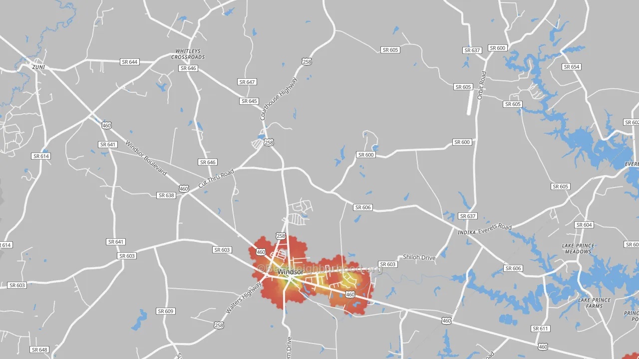 Walk Grade map of 23487, VA, walkable areas in green and car-dependent areas in red