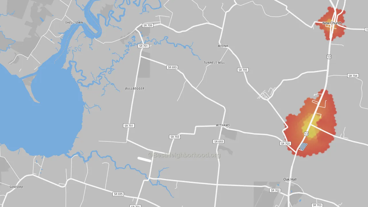 Walk Grade map of 23488, VA, walkable areas in green and car-dependent areas in red