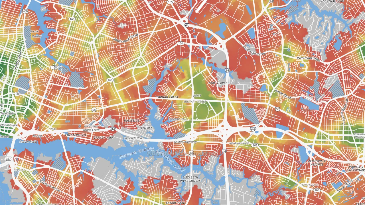 Walk Grade map of 23502, VA, walkable areas in green and car-dependent areas in red