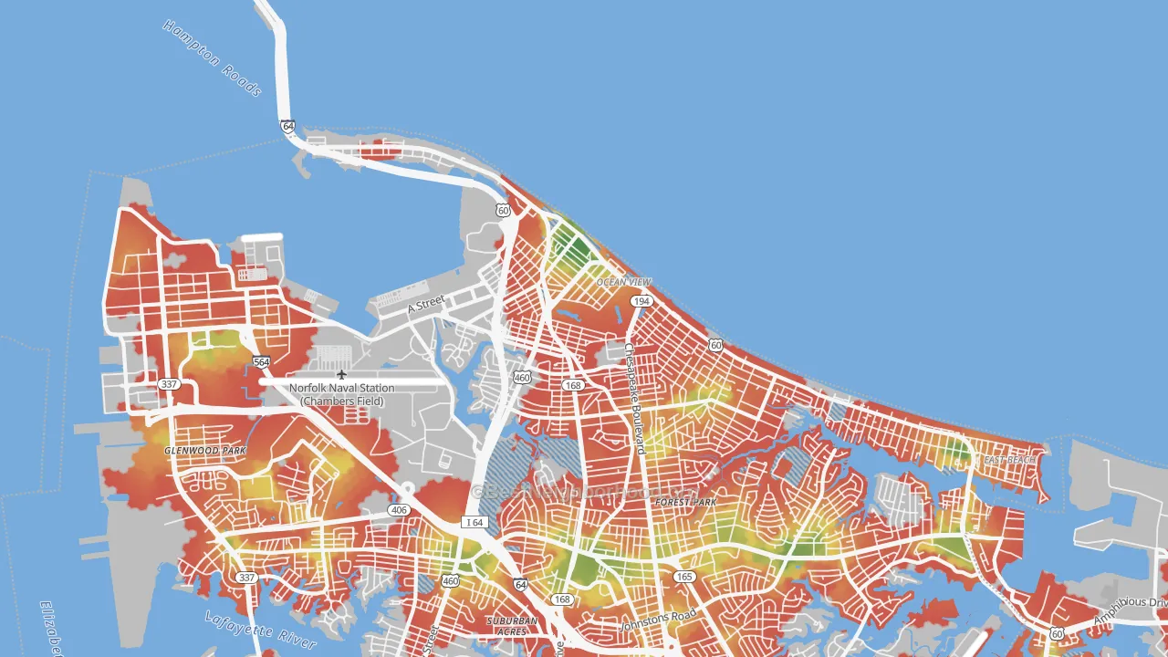 Walk Grade map of 23503, VA, walkable areas in green and car-dependent areas in red