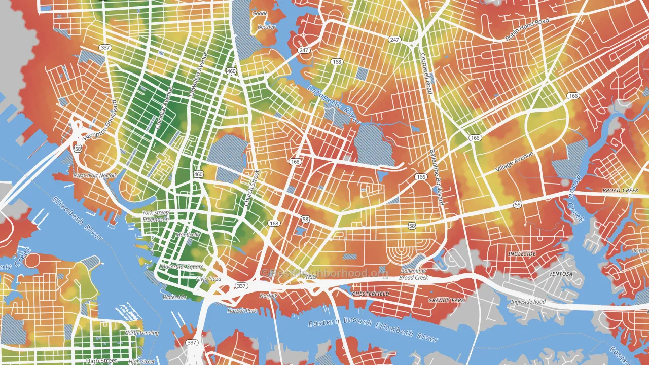 Walk Grade map of 23504, VA, walkable areas in green and car-dependent areas in red