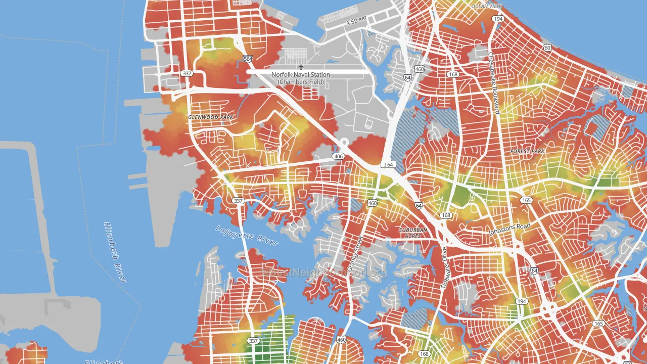 Walk Grade map of 23505, VA, walkable areas in green and car-dependent areas in red