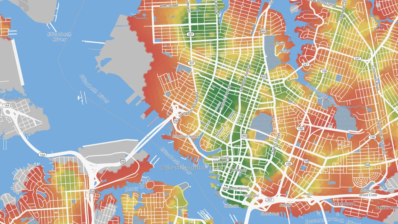 Walk Grade map of 23507, VA, walkable areas in green and car-dependent areas in red