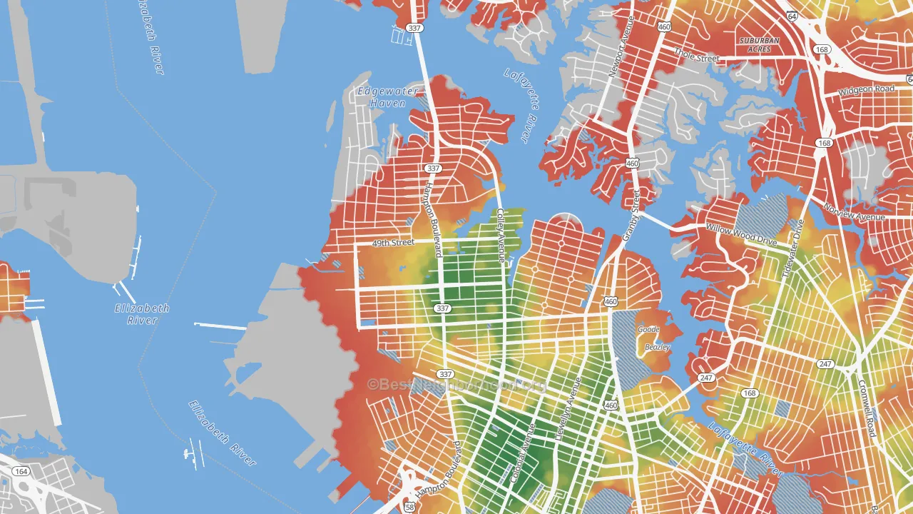 Walk Grade map of 23508, VA, walkable areas in green and car-dependent areas in red