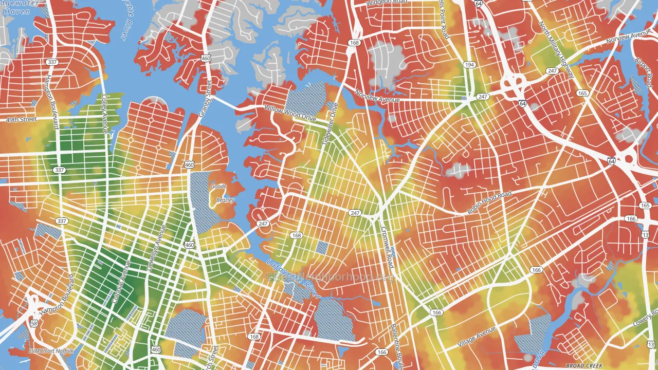 Walk Grade map of 23509, VA, walkable areas in green and car-dependent areas in red