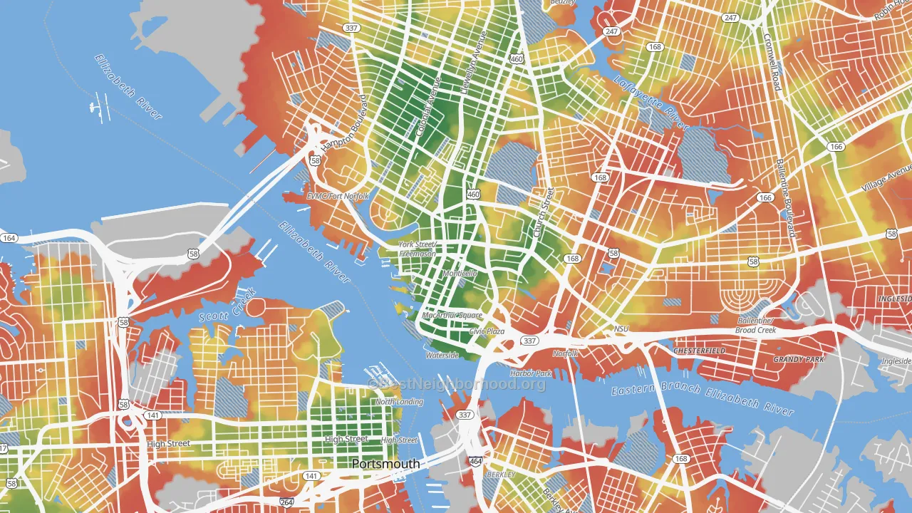 Walk Grade map of 23510, VA, walkable areas in green and car-dependent areas in red