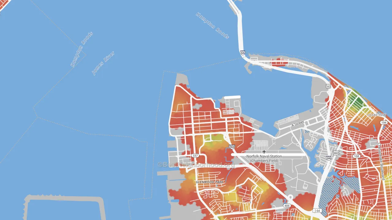 Walk Grade map of 23511, VA, walkable areas in green and car-dependent areas in red