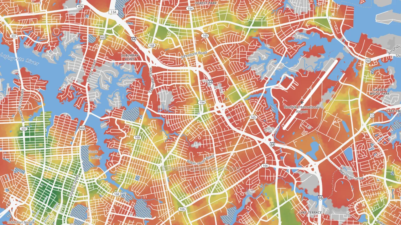 Walk Grade map of 23513, VA, walkable areas in green and car-dependent areas in red