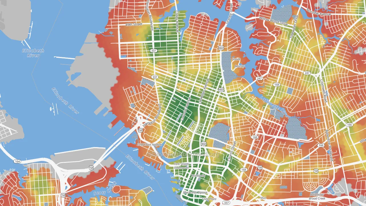 Walk Grade map of 23517, VA, walkable areas in green and car-dependent areas in red