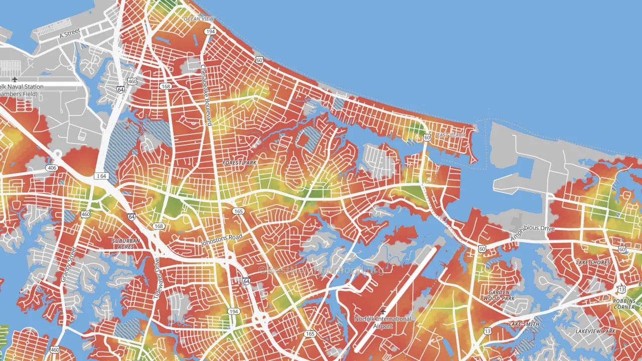 Walk Grade map of 23518, VA, walkable areas in green and car-dependent areas in red