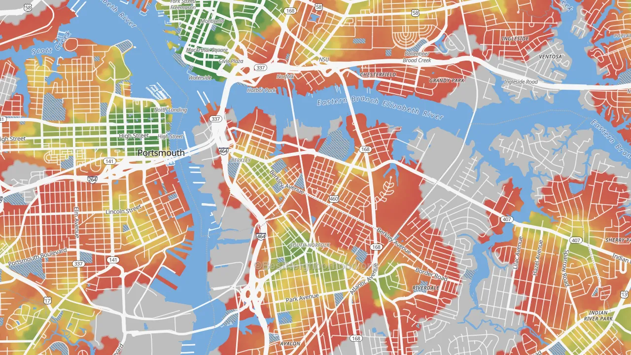 Walk Grade map of 23523, VA, walkable areas in green and car-dependent areas in red