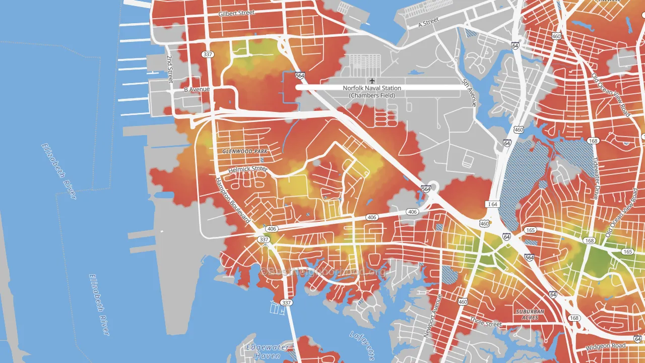 Walk Grade map of 23551, VA, walkable areas in green and car-dependent areas in red