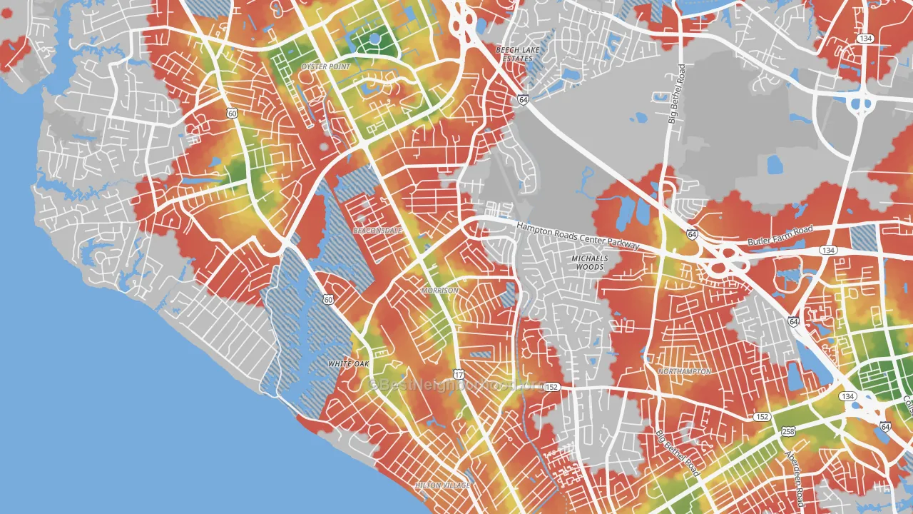 Walk Grade map of 23601, VA, walkable areas in green and car-dependent areas in red