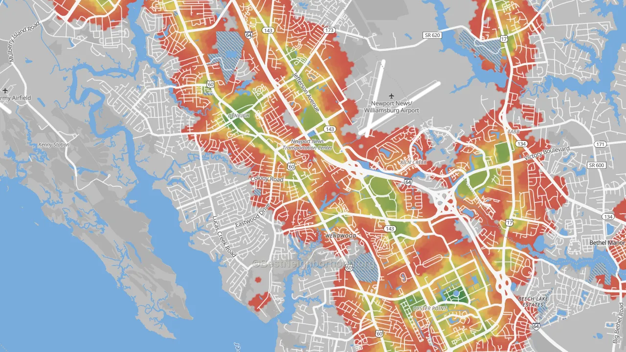 Walk Grade map of 23602, VA, walkable areas in green and car-dependent areas in red