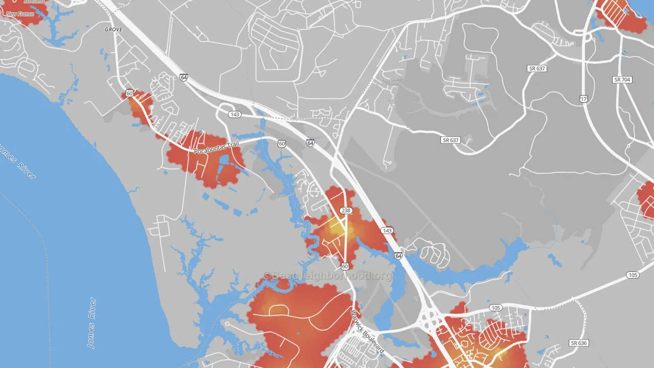 Walk Grade map of 23603, VA, walkable areas in green and car-dependent areas in red