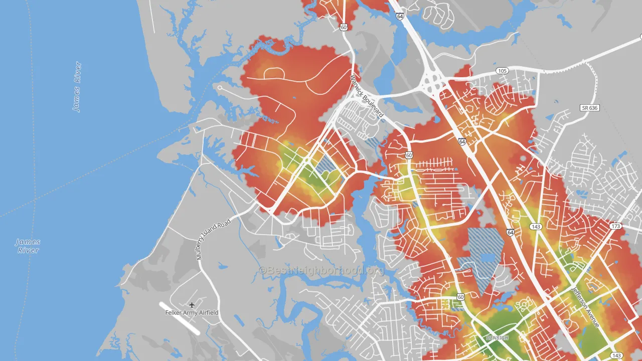 Walk Grade map of 23604, VA, walkable areas in green and car-dependent areas in red