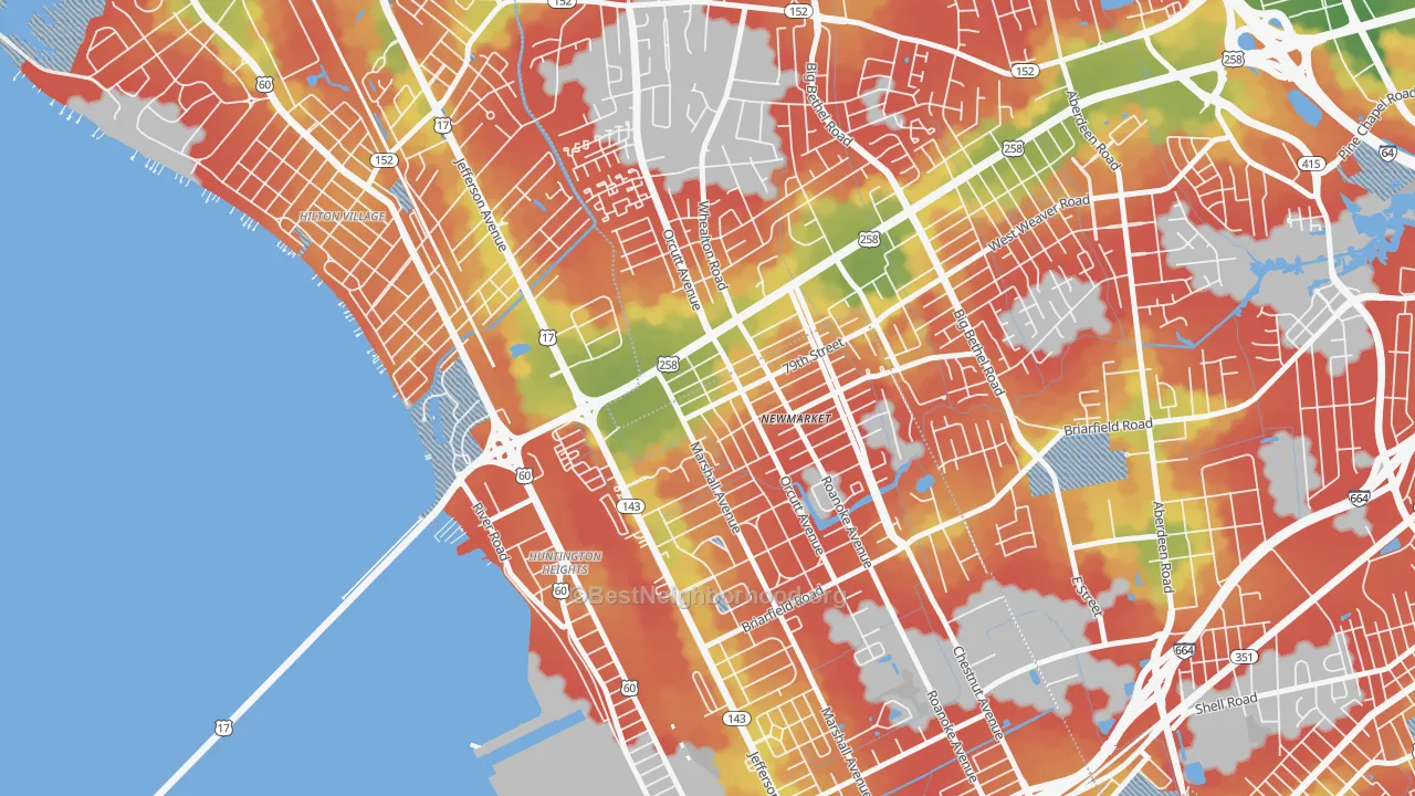 Walk Grade map of 23605, VA, walkable areas in green and car-dependent areas in red