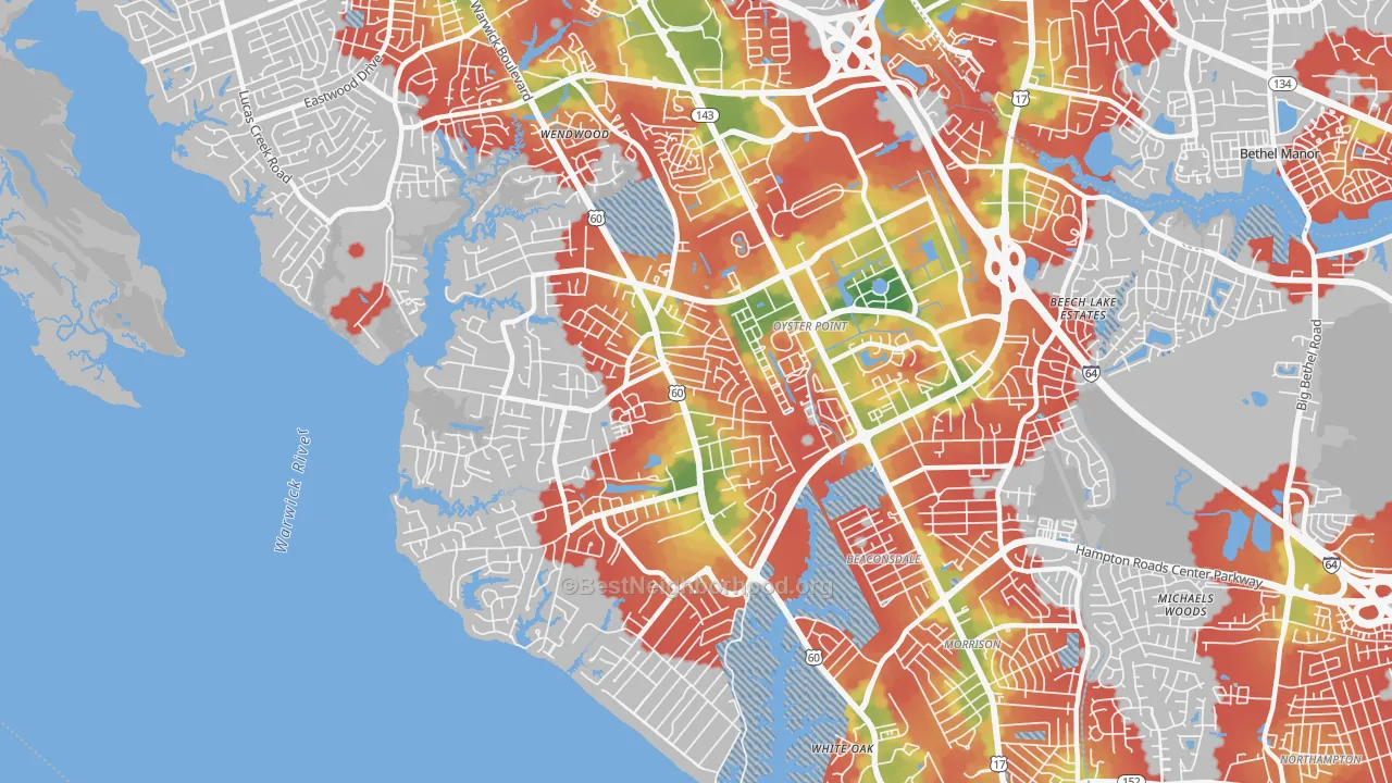 Walk Grade map of 23606, VA, walkable areas in green and car-dependent areas in red