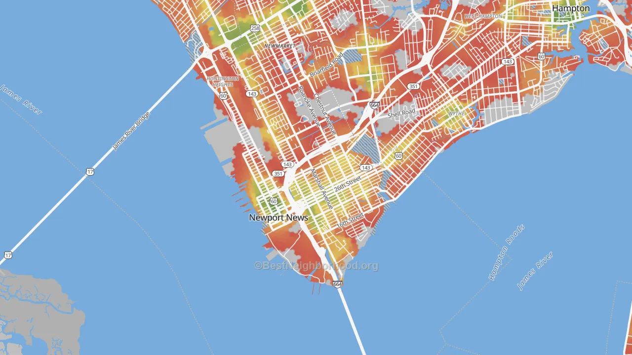 Walk Grade map of 23607, VA, walkable areas in green and car-dependent areas in red