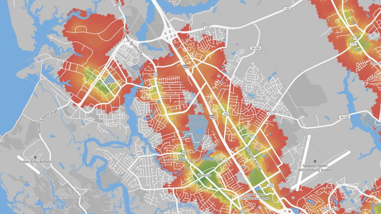 Walk Grade map of 23608, VA, walkable areas in green and car-dependent areas in red
