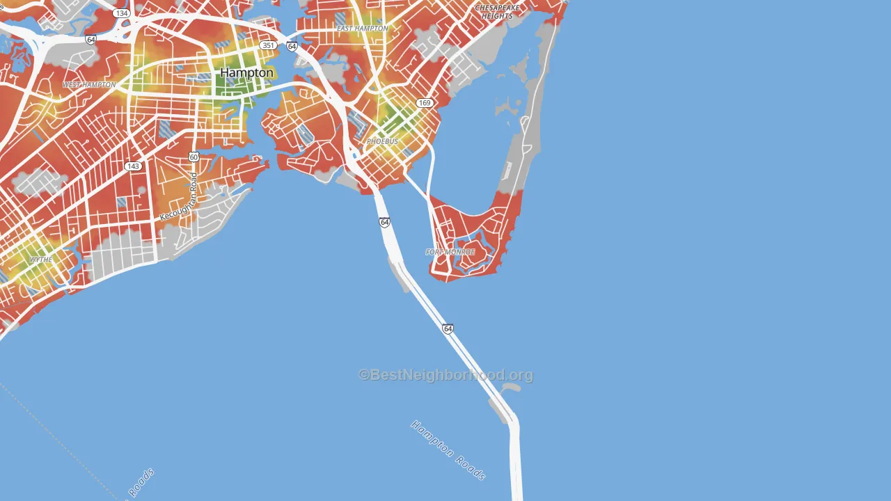 Walk Grade map of 23651, VA, walkable areas in green and car-dependent areas in red