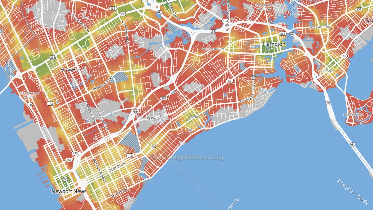 Walk Grade map of 23661, VA, walkable areas in green and car-dependent areas in red