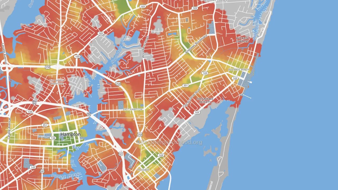 Walk Grade map of 23663, VA, walkable areas in green and car-dependent areas in red