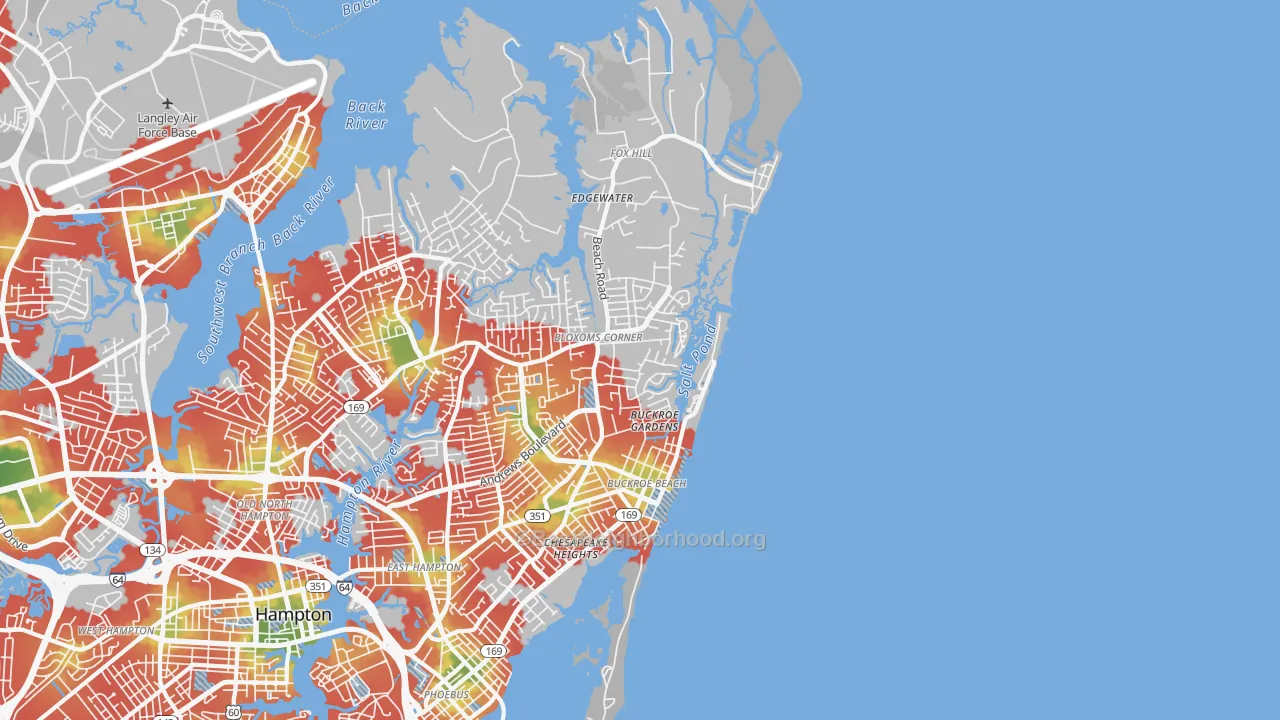 Walk Grade map of 23664, VA, walkable areas in green and car-dependent areas in red