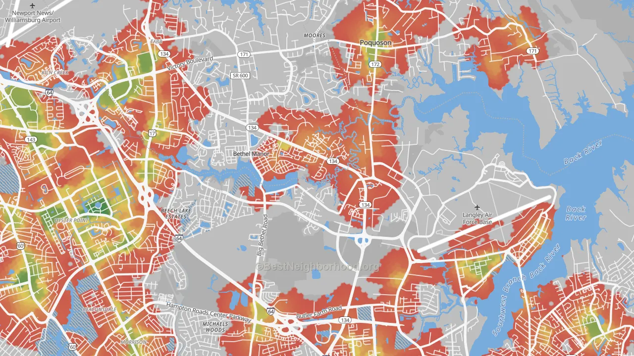 Walk Grade map of 23665, VA, walkable areas in green and car-dependent areas in red