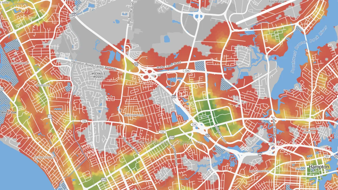 Walk Grade map of 23666, VA, walkable areas in green and car-dependent areas in red