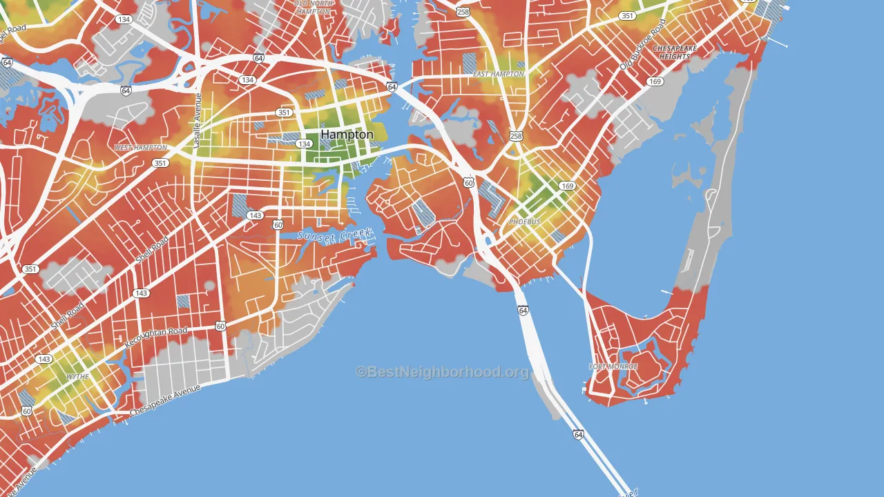 Walk Grade map of 23667, VA, walkable areas in green and car-dependent areas in red