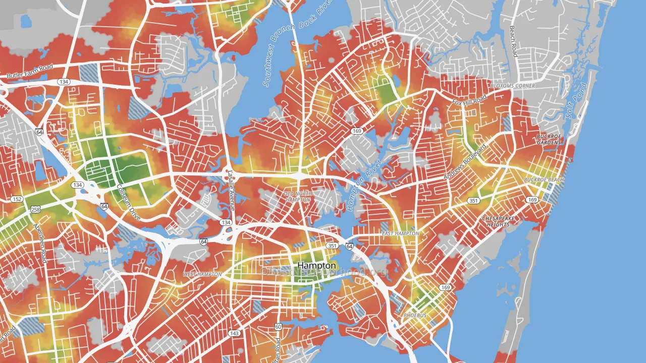 Walk Grade map of 23669, VA, walkable areas in green and car-dependent areas in red