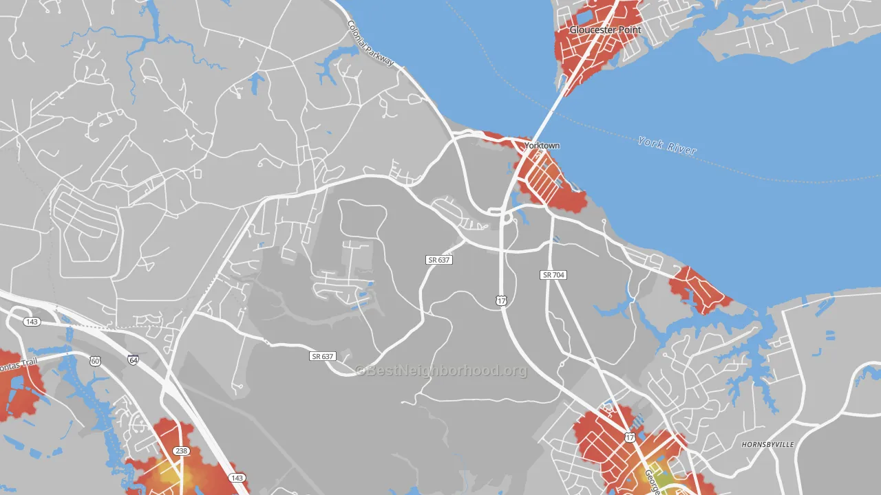 Walk Grade map of 23690, VA, walkable areas in green and car-dependent areas in red