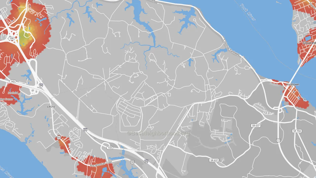 Walk Grade map of 23691, VA, walkable areas in green and car-dependent areas in red