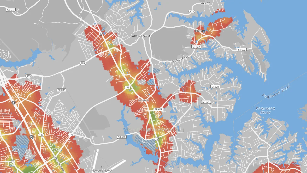 Walk Grade map of 23692, VA, walkable areas in green and car-dependent areas in red