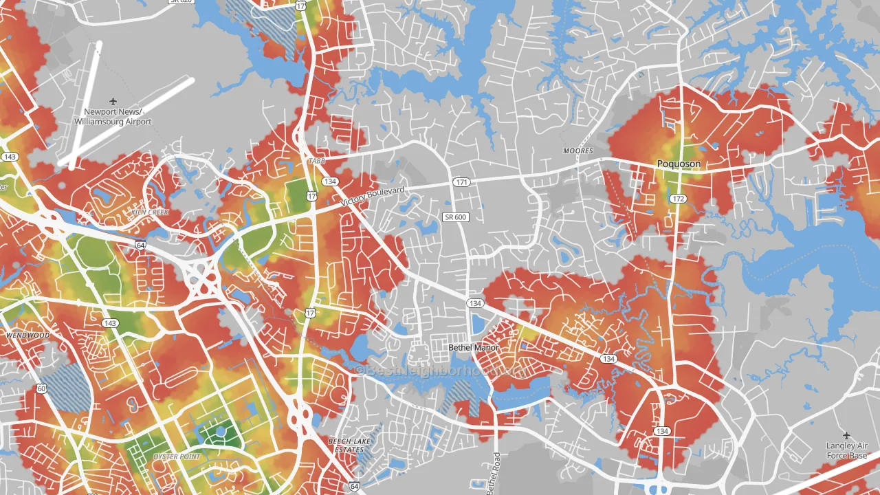 Walk Grade map of 23693, VA, walkable areas in green and car-dependent areas in red