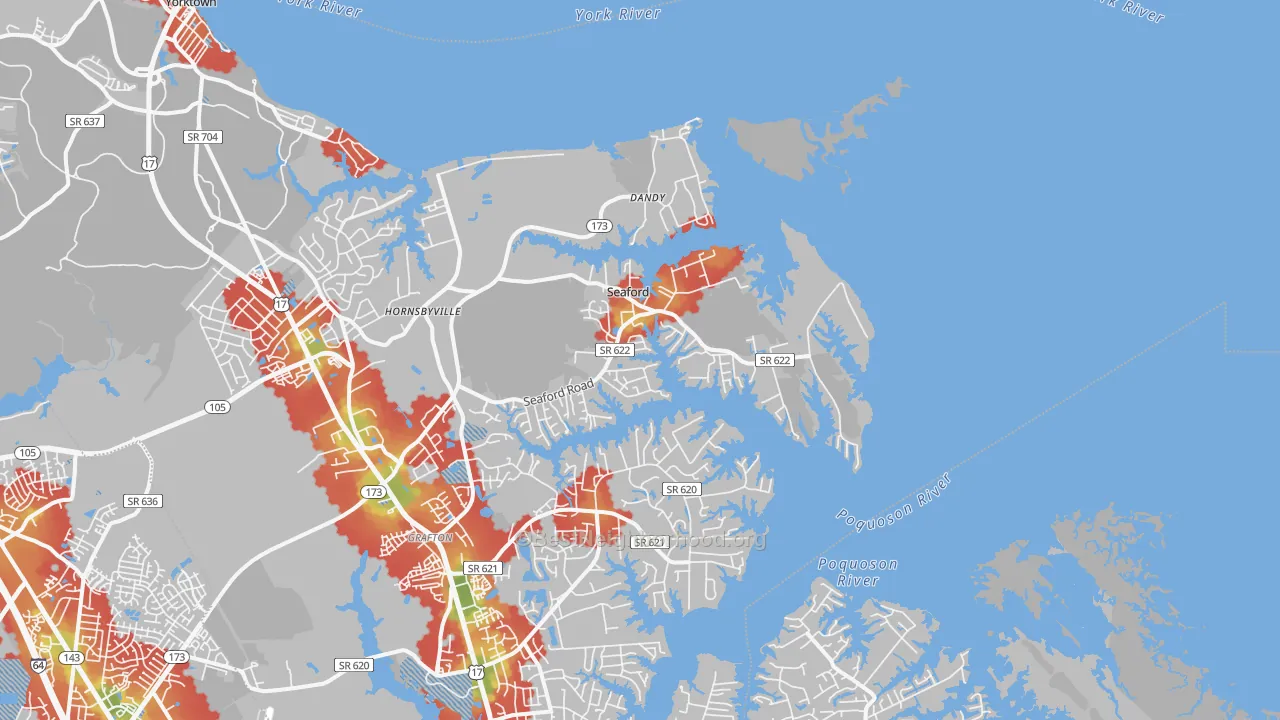 Walk Grade map of 23696, VA, walkable areas in green and car-dependent areas in red