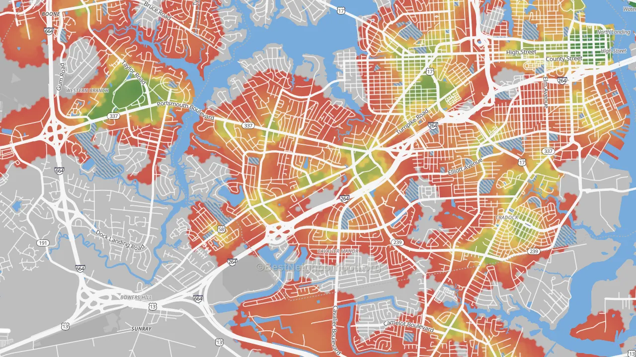 Walk Grade map of 23701, VA, walkable areas in green and car-dependent areas in red
