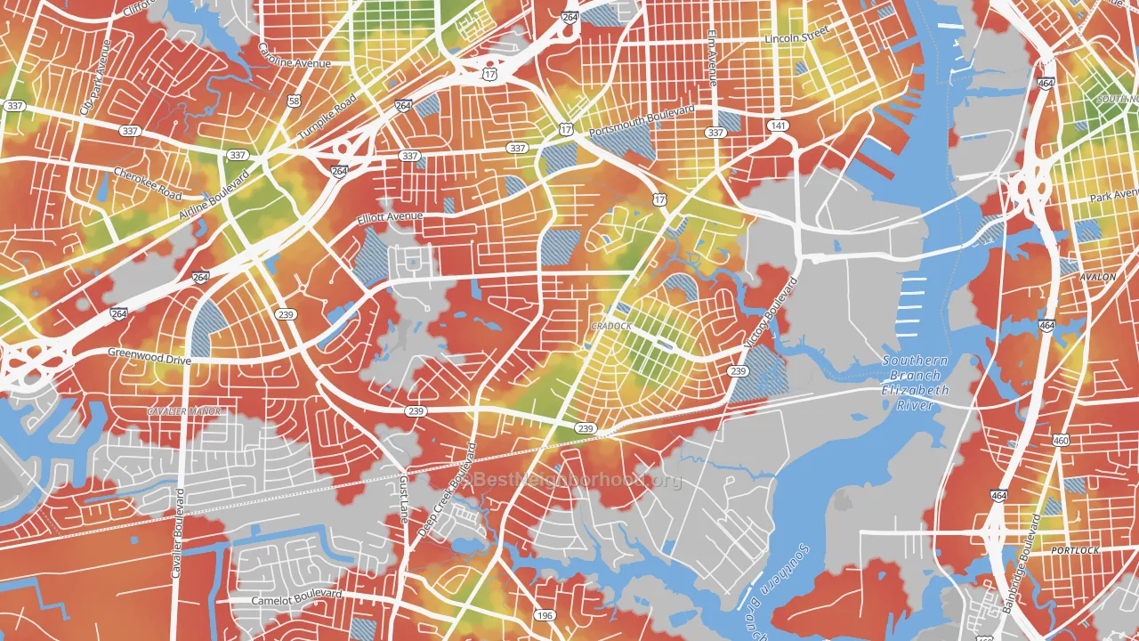 Walk Grade map of 23702, VA, walkable areas in green and car-dependent areas in red