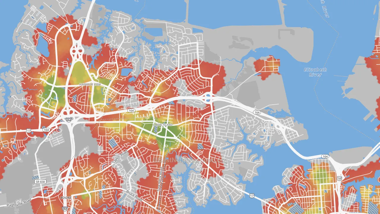 Walk Grade map of 23703, VA, walkable areas in green and car-dependent areas in red