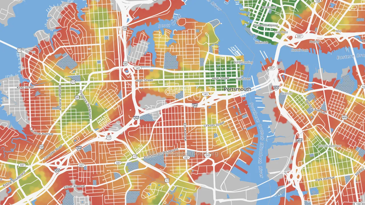 Walk Grade map of 23704, VA, walkable areas in green and car-dependent areas in red