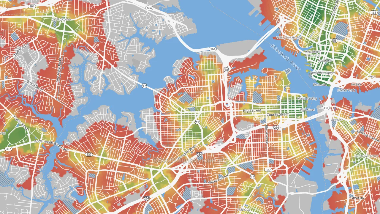 Walk Grade map of 23707, VA, walkable areas in green and car-dependent areas in red