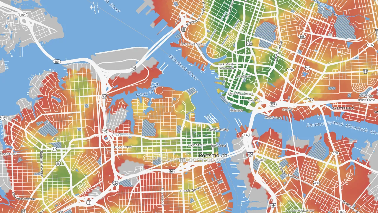 Walk Grade map of 23708, VA, walkable areas in green and car-dependent areas in red