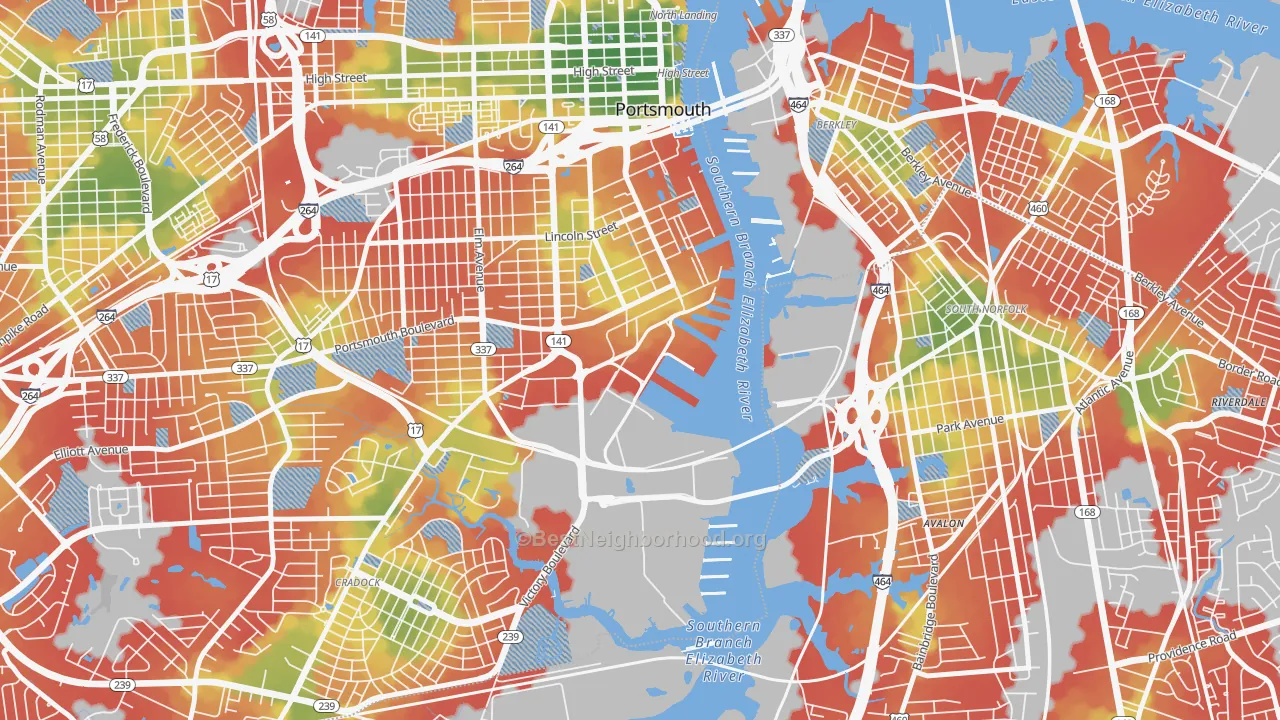 Walk Grade map of 23709, VA, walkable areas in green and car-dependent areas in red