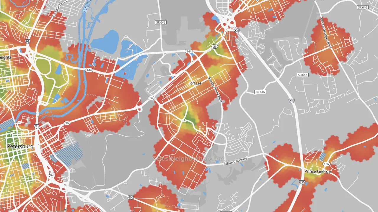 Walk Grade map of 23801, VA, walkable areas in green and car-dependent areas in red