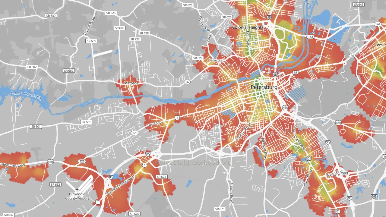 Walk Grade map of 23803, VA, walkable areas in green and car-dependent areas in red