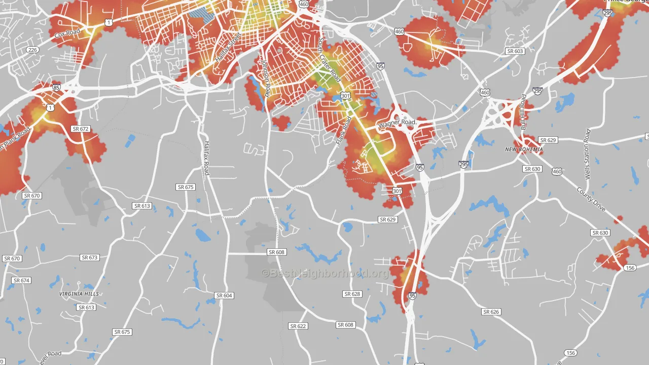 Walk Grade map of 23805, VA, walkable areas in green and car-dependent areas in red