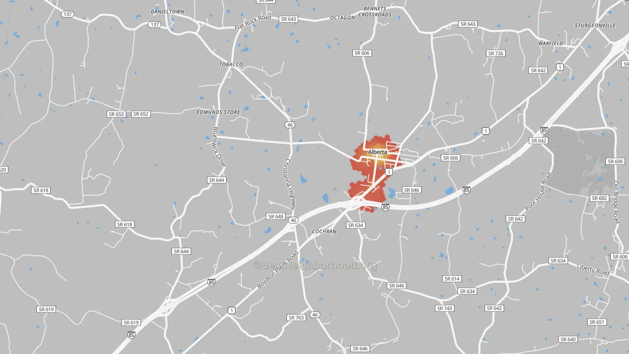 Walk Grade map of 23821, VA, walkable areas in green and car-dependent areas in red