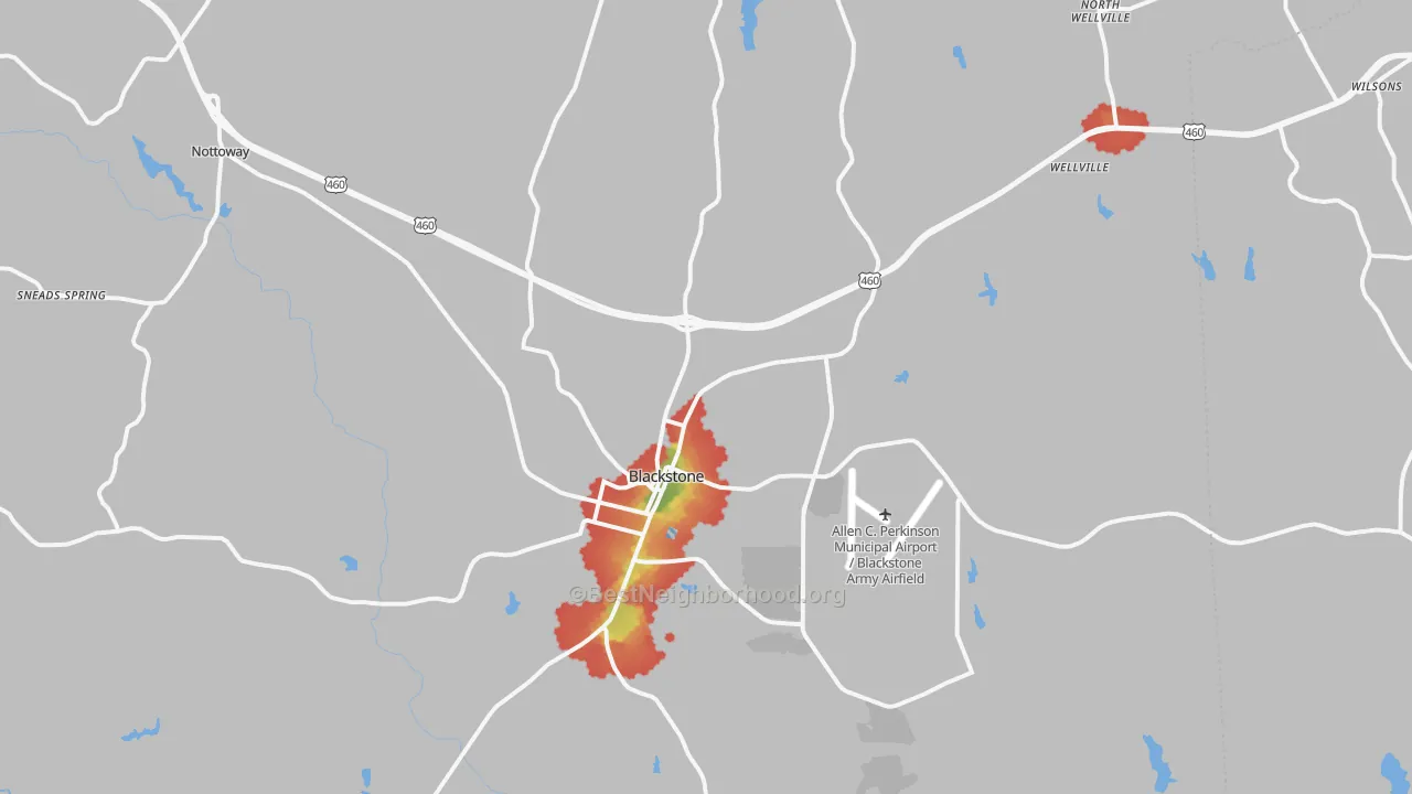 Walk Grade map of 23824, VA, walkable areas in green and car-dependent areas in red