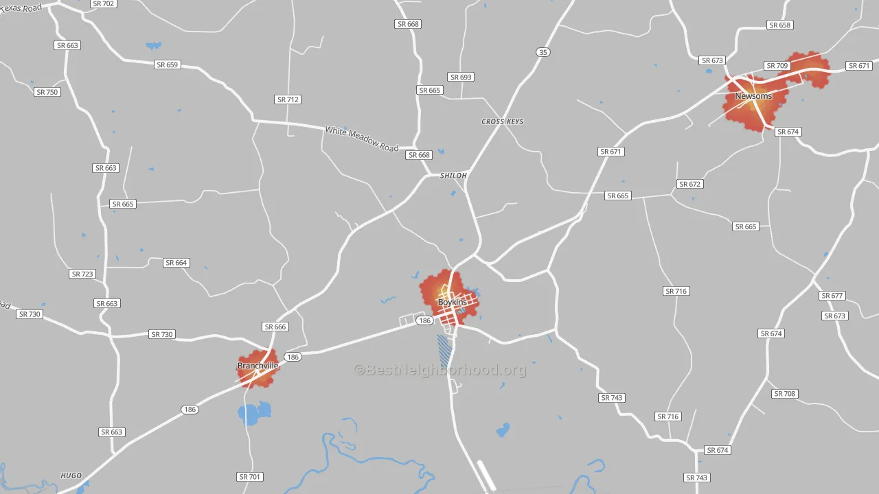 Walk Grade map of 23827, VA, walkable areas in green and car-dependent areas in red